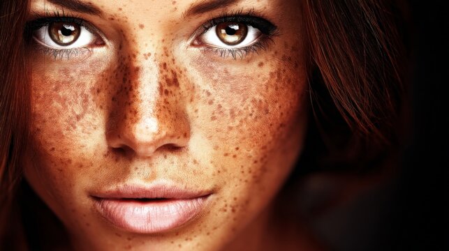 Close-up of a young woman with freckles and intense brown eyes