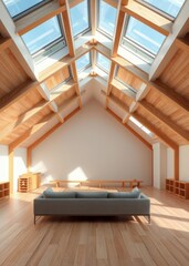 Open attic space with comfortable seating area natural wood accents and skylights illuminating the room Empty room interior design  striking structures clean line
