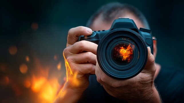A photographer holds a camera with a fiery reflection in the lens, capturing a dynamic and intense moment outdoors