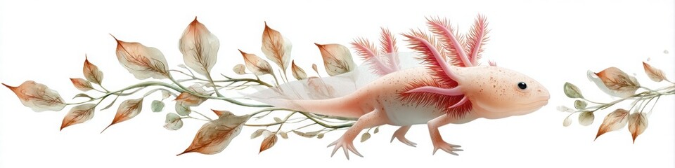 Obraz premium Delicate Pink Axolotl Surrounded by Floral Elements and Leaves