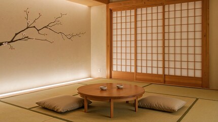 Minimalist Japanese Interior Beige Room Tatami Mat Low Table Shoji Screen Blossom Branch image