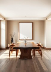 Rustic live edge dining table and wooden log chairs against beige wall with big art poster frame farmhouse japandi interior design of modern dining room Empty room interior design Ultra realistic