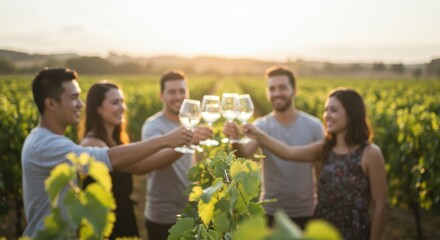 Fototapeta premium Celebrating friendship with wine toasts in a scenic vineyard at sunset lifestyle relaxed atmosphere