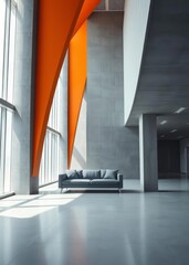 Grey and orange office waiting room with sofa Empty room interior design  striking structures clean lines geometric shapes dramatic angles play of light and shad