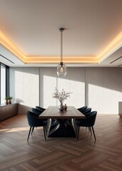 Modern dining room interior with glamour wooden table  stylish chairs and design decoration template home decor Empty room interior design  striking structures c