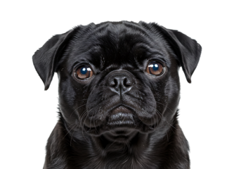 Closeup of a black pug with expressive brown eyes against a dark background