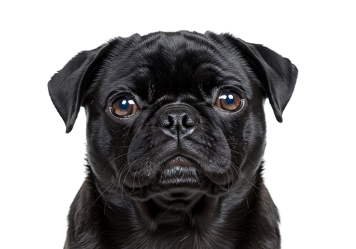 Closeup of a black pug with expressive brown eyes against a dark background - Powered by Adobe