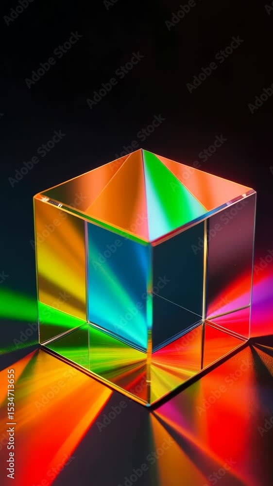 Poster optical cube with light dispersion creating a spectral rainbow effect against a dark background