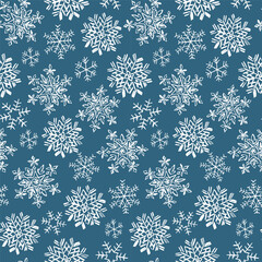 Seamless Christmas Snowflakes On Blue Background For Paper Gift Wrap And Fabric Print