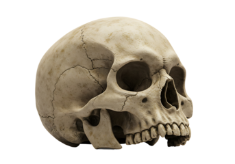Closeup view of a human skull showing bone structure and tooth details set against a stark black background