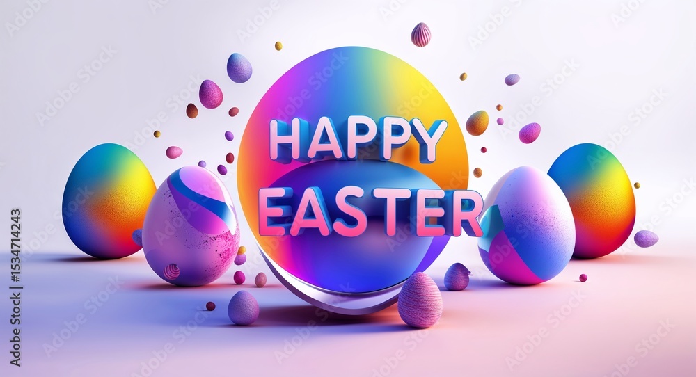 Poster happy easter text digital graphic 3d text contrast circular gradient design on plain white backgroun