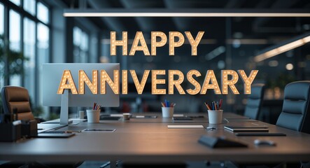happy anniversary lettering text on blur formal work space office background