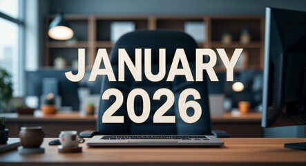january 2026 lettering text on blur formal work space office background