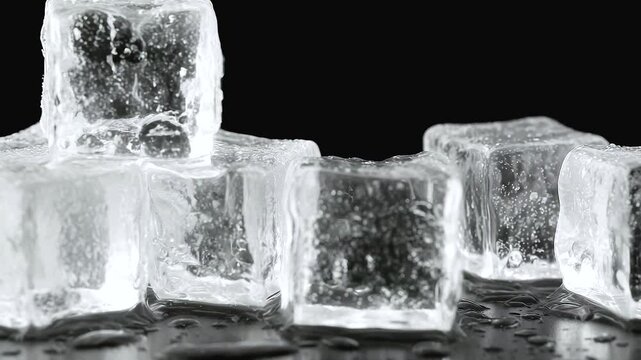 Crystal clear ice cube stack with cold frozen texture and transparent water droplets on reflective surface, clear cold refreshing texture