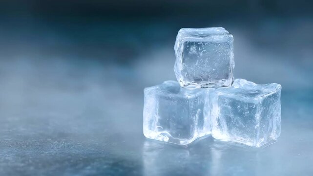 Transparent ice cube stack on reflective surface with cold frozen water, clear ice, and soft blue tones creating refreshing atmosphere