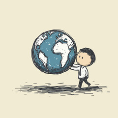 Cartoon stick man drawing conceptual illustration of businessman pushing or rolling world Earth globe