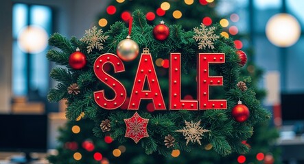 christmas sale lettering text on blur formal work space office background