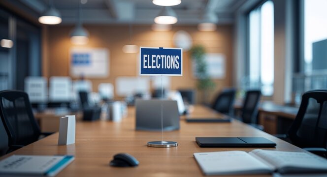 elections lettering text on blur formal work space office background