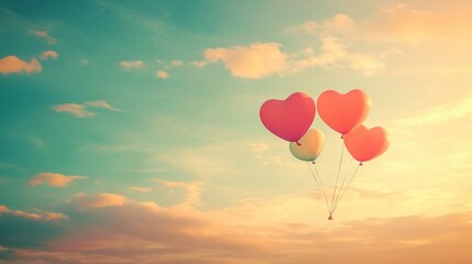 Fototapeta premium Floating Heart-Shaped Balloons in Dreamy Sky