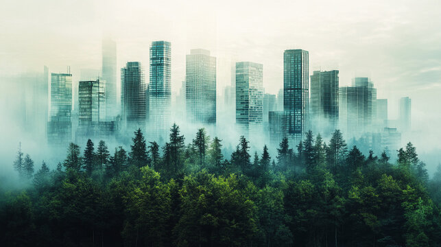 Forest dreams of reaching skyscrapers through misty landscapes a hope for a greener future with teal