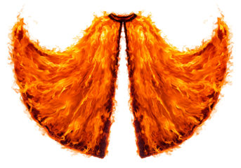 Fireshaped cape floating against a stark black backdrop