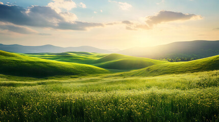 Sunlit Rolling Green Hills and Wildflower Meadow