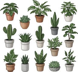 Fototapeta premium Digital Illustration of Potted Plants in a Grid Layout with Botanical Variety