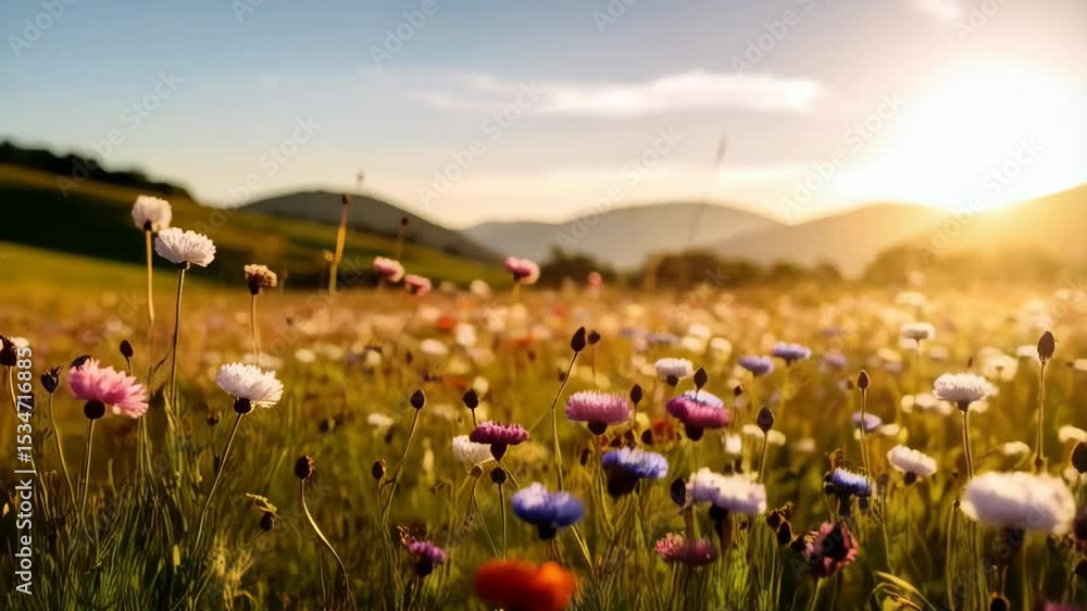 Poster sunrise illuminating a field of wildflowers in bloom with mountains in the background creating a sce