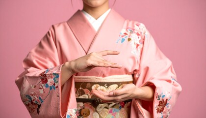 Naklejka premium 着物を着た女性の手。AIで生成