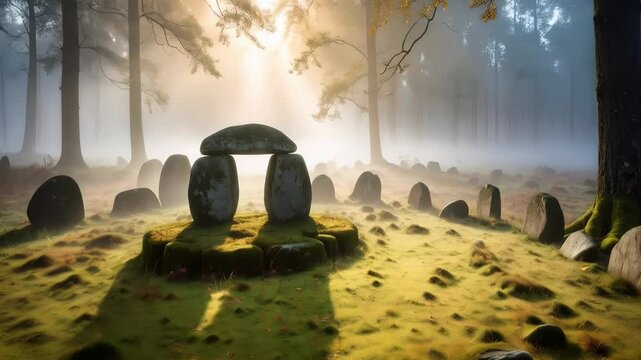 Ancient stone circle nestled in a misty forest glen with sunlight filtering through the tall trees and creating a serene atmosphere.
