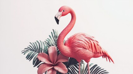 Obraz premium 3D render of a flamingo figurine with tropical style on white background