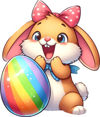 Happy Easter Bunny Holding a Rainbow Easter Egg

