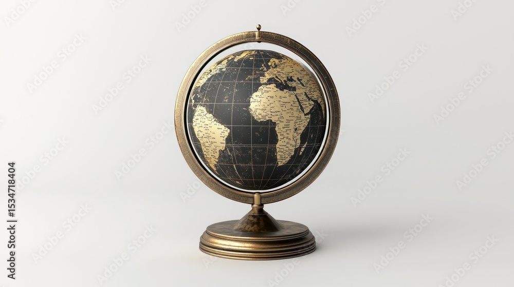 Poster 3d render of a globe sculpture with metallic frame on white background