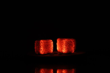 Glowing coals with glitch style lighting, enriched by noise, effect and grain details, create a...