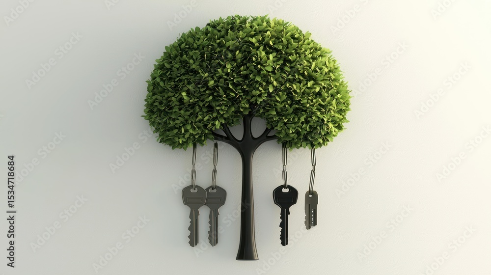 Poster 3d render of a hanging key rack shaped like a tree on white background