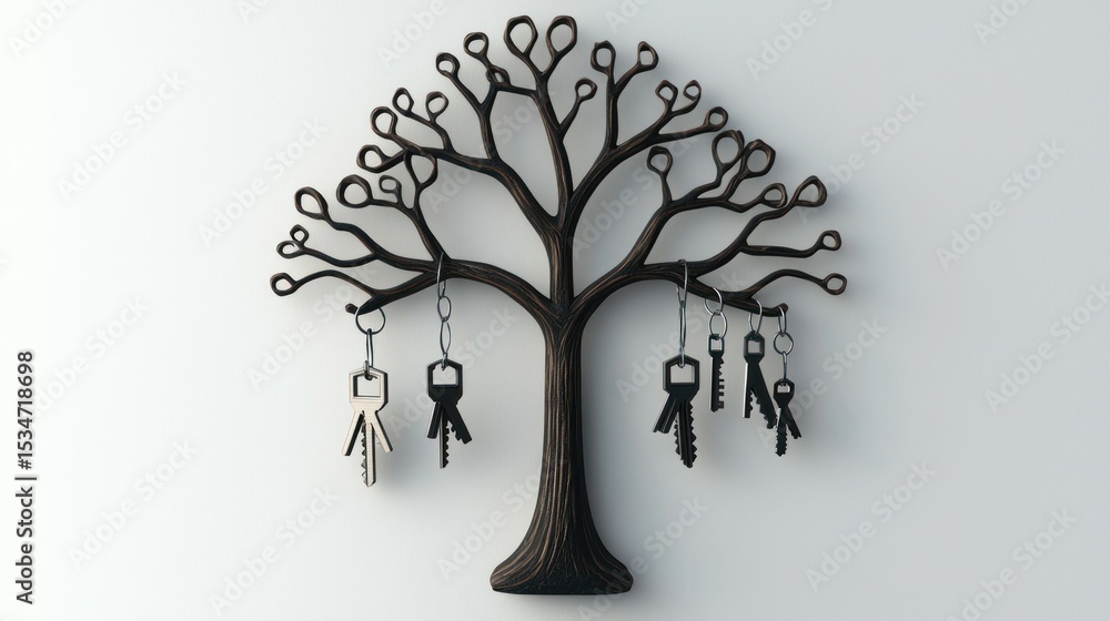 Poster 3d render of a hanging key rack shaped like a tree on white background
