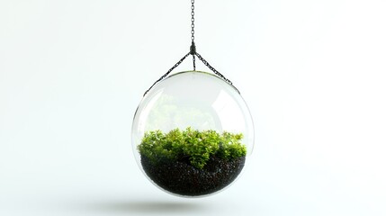 3D render of a hanging glass terrarium globe on white background