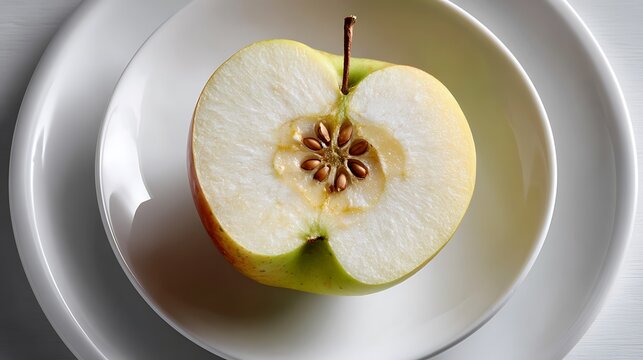 Halved Apple on a White Plate, Showing Seeds and Flesh