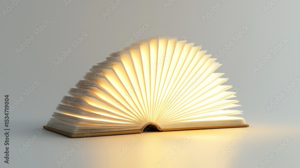 Poster 3d render of a lamp shaped like a book that opens with light on white background