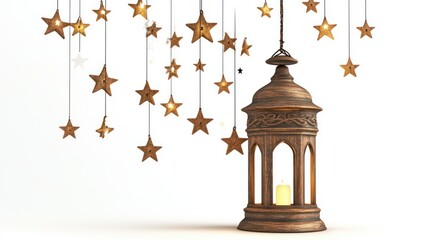 Obraz premium 3D render of a lantern with hanging stars decor on white background