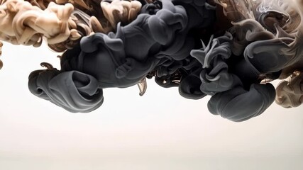 Ethereal swirls of black and beige ink in water create abstract smoky shapes, light background, dynamic plumes, fluid motion. - Powered by Adobe