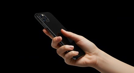 Hand Holding Smartphone on Black Background, Mobile Phone Technology