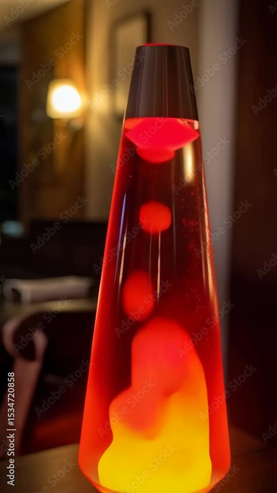 Poster illuminated lava lamp with red and yellow wax floating inside a clear liquid on a wooden table in a 