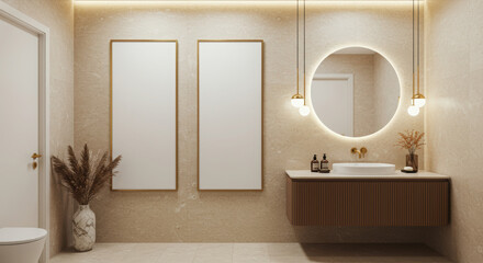 Luxury Modern Bathroom with Two Gold Frame Mockups, Beige Tiles & Floating Vanity