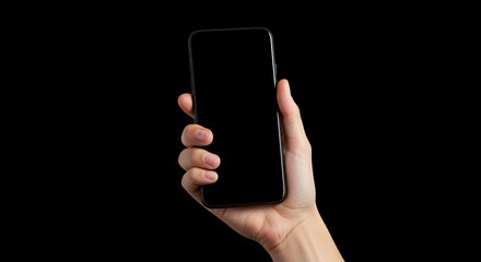 Hand Holding Black Smartphone with Blank Screen on Dark Background - Mobile Phone Mockup