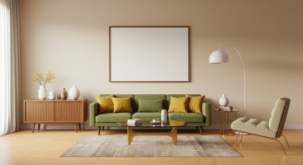 Warm Neutral Lounge with Green Sofa & Empty Wall Frame Professional Background for Art Mockup