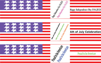 Fototapeta premium Multiple American flag strips and stars patriotic Independence Day graphic with banner labels and celebration text