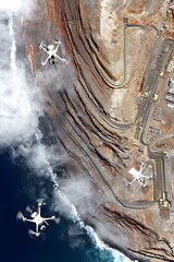 Aerial view of drones over a coastal industrial complex.