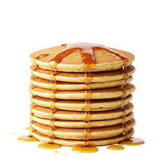 Tall stack of pancakes with dripping syrup against a black backdrop