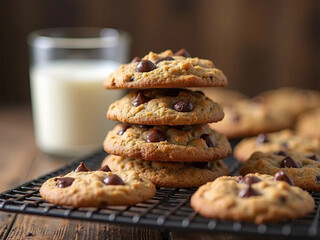Chocolate Chip Cookies Stack with Milk 